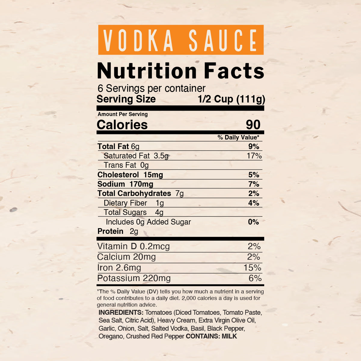 Rosie's Vodka Pasta Sauce Nutrition Facts